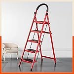 Bathla Everest 5 Step Steel Ladder with Safety Hand Grip | Durable & Anti-Skid | Lightweight & Foldable for Home & Office Use | 2 Year Manufacturer Warranty (Red)