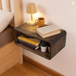 UHUD CRAFTS Floating Wooden Bedside Shelf, Wall Mounted Nightstand, Be