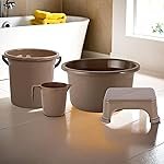 Kuber Industries Set of 4 Bathroom Combo Set | Bathing Set | Bathware Set | Tub-Bucket-Mug & Stool Combo Set for Bathroom | Modern Bathroom Accessories Set | Brown