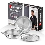 Bergner Tripro Triply Stainless Steel 3 Pc Cookware Set, 24 cm Indian Wok/Kadai with Lid, 22 cm Frypan Without Lid, Fast and Event Heating, Induction Bottom, Gas Ready, Silver