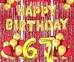 67th Birthday Decoration items for Girls Boys Husband Wife Valentine with Gold and Red Balloons, Golden Happy Birthday Banner, Red Foil curtains, Foil Balloon number 67