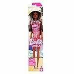 Barbie Fashion Doll with Straight Black Hair Wearing Removable Pink Tank Dress with Logo Print & Shoes