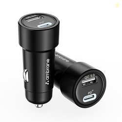 Ambrane 51W Fast Charging Car Charger, Dual Output 33W Type C PD + 18W