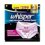 Whisper Super Absorbent Period Panty, 6 M-L Pants, 360 Degree Leakage Protection* for Heavy Flow, Panty like Fit, Full back Coverage, Absorbs Heavy Gushes, Silky Soft, Comfortable Feel