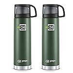 Pexpo Stainless Steel Water Bottle 1 LTR (Pack of 2), ISI Certified, Hot & Cold Flask with Jute Bag | 3 Layer Insulation | 2 Year Warranty | for Office, Travel, Picnic | Fererro | Military Green