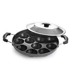 CELLO Non-Stick 12 Cavity Appam Patra with Dual Side Handles & Stainle
