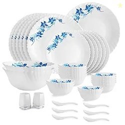 CELLO Blue Swirl Dazzle Series Opalware Dinner Set of 35 Pieces for Fa
