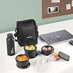 CELLO All In One Lunch Box with Jacket For Office, Black | 3 Microwave Safe Container (550ml, 375ml, 225ml), 1 x 175ml Pickle Box & Steel Bottle 900ml | Leakrpoof Airtight Tiffin Box Set For Daily Use
