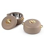 Cello Aurum Luxury Insulated Casseroles Set of 2, Beige 1000ml Each | Double Walled Thermoware Casserole with Lid | Easy Grip Handle| Inner Steel Insulated Serving Bowl Casserole For Roti,Rice,Biryani