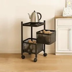 2-Layer Revolving Square Storage Trolley  Black Metal Swinging Basket