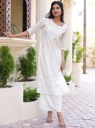 Libas Women White & Silver Striped Kurta