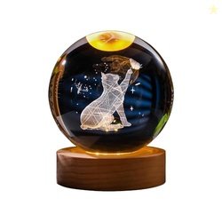 GITGRNTH 3D Cat Figurine Crystal Ball Lamp, Cat-Light Lamp with Wooden