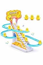 TEC TAVAKKAL Slide Toy Race Duck Track Set, Funny Automatic Stair-Climbing Ducklings Cartoon Roller Coaster Escalator Toy with Flashing Lights & Music
