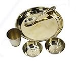 KYNA 5 in 1 Pack Traditionally Designed Pooja Bhog Thali Set for Home and Temple Use (1 Thali, 1 Spoon, 1 Glass and 2 Katori)