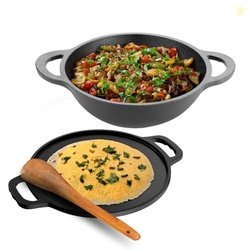Lifelong Cast Iron Dosa Tawa & Kadai with Wooden Spatula for Dosa,Utta