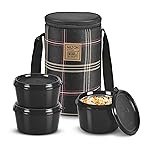 MILTON Lofty Lunch Box with Insulated Fabric Bag, Microwave Safe & Leak Proof, 3 Inner Steel Containers with BPA Free Lids (1 x 320 ml, 2 x 450 ml Each) for Office, School, College – Black