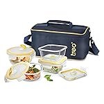 Treo by Milton All Fresh Omni Borosilicate Glass Tiffin | Microwave & Oven Safe | Air Vent Leak-Proof Lid with Durable Jacket | for Office & Travel | Set of 4: 2Ã400ml Round & 2Ã320ml Square, Blue
