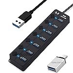VIBOTON USB Hub with Type c OTG Dongle, USB Hub 7 Ports, 1 x 3.0 Port Cable Side, and 6 x 2.0 Ports, Hub for Laptop, 7-Port Hub with Individual Switches and Lights, High Speed Hub (Black) Cable – 30CM