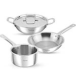 Lifelong Triply 4-piece cookware set |Kadai, Frypan & Saucepan for Cooking |Stainless Steel 22 cm Kadai & Fry Pan22 cm with Stainless Steel Lid | 16 cm Sauce Pan |Induction Bottom & Gas Stove Cookware