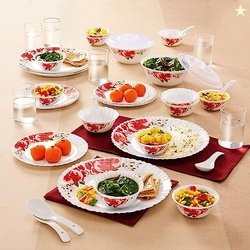 Larah By Borosil Rose Red Silk Series Opalware Dinner Set with Glasses