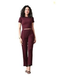 UNIfringe Maroon Ribbed Co-ord Set | Round Neck Crop Top with High Wai