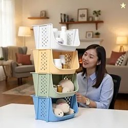 Multipurpose Plastic Basket Storage Rack with Wheels  Stackable Organi