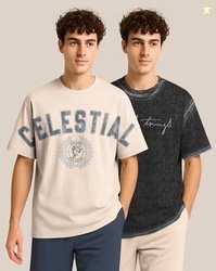 Bullmer Men Pack of 2 Graphic Print Oversized Fit Round-Neck T-Shirts