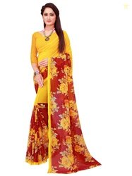 SAADHVI Yellow & Red Floral Pure Georgette Saree