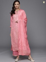 Libas Women Pink Zari Kurta with Palazzos & With Dupatta