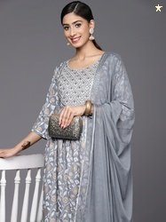 Libas Floral Yoke Design Pleated Thread Work Kurta with Trousers & Wit