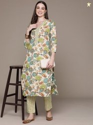 Readiprint Floral Printed Sequinned Pure Cotton Kurta with Trousers