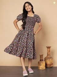 OTABU Floral Print Puff Sleeve A-Line Midi Dress