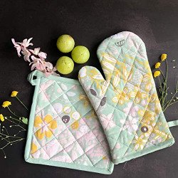 Pixel Home Organic Cotton Flower Print Oven Mitt and Pot Holder (Green