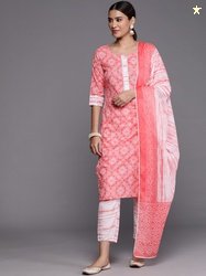 Libas Women Peach-Coloured Bandhani Printed Gotta Patti Pure Cotton Ku