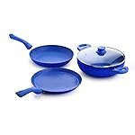 Crystal Marbo Plus Induction Bottom 4 Pc Nonstick cookware Set | Tawa 280 mm + Fry Pan 250 mm + Kadai 250 with Glass Lid | Thickness: 3mm | 5 Layer Coating | Metal Spoon Friendly | Blue