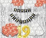 19th Birthday Decoration items for Girls with Rose Gold and White Balloons, Black Happy Birthday Banner, Silver Foil Curtain, Foil Balloon number 19