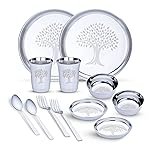 Limetro Steel Stainless Steel Dinner Set for 2 Persons | Complete Indian Thali Set with Plates, Bowls/Katori, Glass, Spoon & Fork | Tree Design Steel Dinnerware for Home (Set of 12- Serves 2)