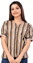 FABTOWN Women Regular Fit Striped Collarless Collar Casual Shir...