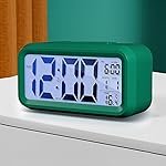 wolpin Digital Alarm Clock Desk Clock with Time, Date, Indoor Temperature Display, Smart Night Light LCD for Home, Kids Study, Office, Bedroom – Battery-Operated, Green