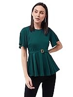 Miss Chase Women’s Green Solid Polyester Slim Fit Round Neck Short Sleeve Regular Length Top