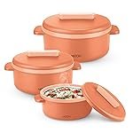 MILTON Micronova Jr. Gift Set Inner Stainless Steel Casserole, Set of 3 (380 ml, 775 ml, 1345 ml), Peach, BPA Free, Food Grade, Hot and Cold, Microwaverable Steel, Dishwasher Safe, Chapati, Roti