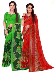 SAADHVI Red & Green Set Of 2 Floral Pure Georgette Saree
