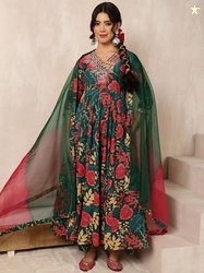 KIMAYRA Floral Printed Pure Cotton Anarkali Kurta with Palazzos & Dupa