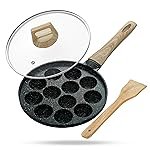 Lifelong Diecast Aluminum Paniyaram Pan | 12 Pits, 1.5kg | 0.54L | 25cm Diameter |Pan with Glass Lid & Wooden-Finish Handle | For Cupcakes, Appe & Paniyaram |Durable for Easy Cooking & Cleaning, Black
