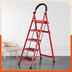 Bathla Everest 5-Step Steel Ladder with Safety Hand Grip | Anti-Skid W