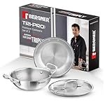 Bergner Tripro Triply Stainless Steel 3 Pc Cookware Set, 24 cm Indian Wok/Kadai with Lid, 22 cm Frypan Without Lid, Fast and Event Heating, Induction Bottom, Gas Ready, Silver