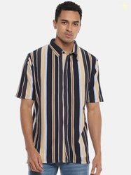 Campus Sutra Black & Beige Classic Regular Fit Striped Cotton Casual S
