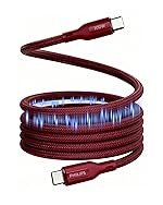 Philips 100W Fast Charging USB C to USB C Cable, Magnetic Nylon Braided Type C Cable for Phones, Laptop, 480Mbps Data Sync, Iron Red