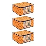 PrettyKrafts Set of 3 Non-Woven Printed Foldable Saree Covers/Wardrobe Organizer With Transparent Window And Zip/Clothes Storage Bag For Women’s Lehenga, Suit Saree & Other Accessories (Orange)