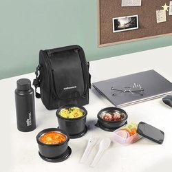 CELLO All In One Lunch Box with Jacket For Office, Black | 3 Microwave